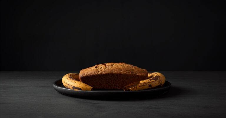 Pan de plátano sobre cerámica oscura con dos plátanos maduros al lado, en penumbra ocre.