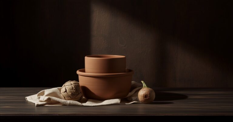 Recipientes de barro apilados, paño de cocina plegado y verduras sobre madera oscura en penumbra.