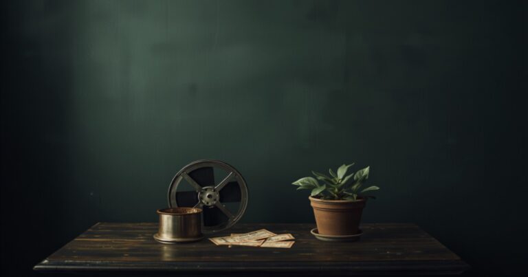 Bodegón en penumbra con una bobina de cine antigua, entradas de cine vintage y una pequeña planta en maceta sobre madera oscura.