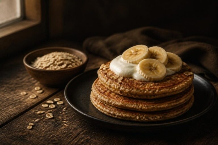 Pila de tortitas de avena con yogur y rodajas de plátano por encima, junto a un cuenco de copos de avena, sobre una mesa de madera con luz cálida de ventana.